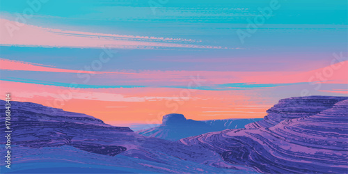 Stunning Sunset View Over a Prominent Butte and Layered Rock Formations in a Desert Landscape with Pastel Blue, Pink, and Orange Skies