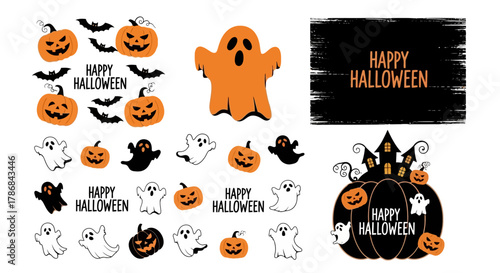 Spooky Halloween Vector Graphics Pumpkins, Ghosts, and Bats Illustration