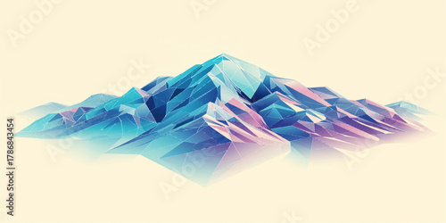 Geometric Low-Poly Snow-Capped Mountain Peak in Pastel Blues and Pinks Against Minimal Cream Sky