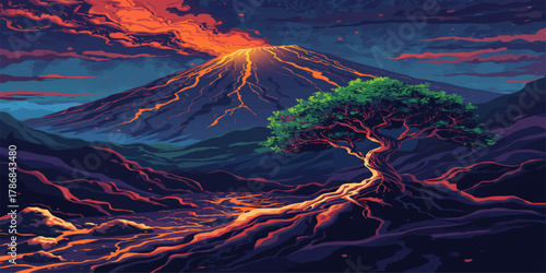 Volcanic Eruption Lava Tree Surreal Landscape Digital Fantasy Art