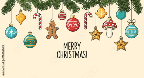 Festive Christmas Ornaments and Decorations on a Beige Background with Green Pine Branches, Merry Christmas!