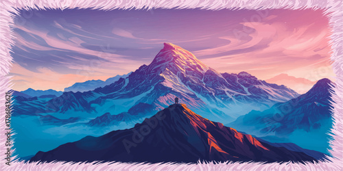 Majestic snow-crowned peak rises through layers of violet twilight mountains beneath a dreamy cotton-candy sky painted in surreal pastel pink and blue hues.