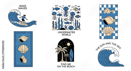 Vibrant beach-themed icon set Ocean waves, surfers, and underwater wonders