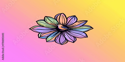 Vibrant psychedelic lotus blooms in radiant rainbow hues, its iridescent petals unfurling against a dreamy pink-yellow gradient sky in bold digital pop art splendor.