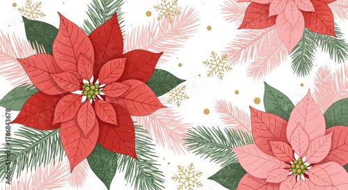 Festive Poinsettia and Pine Branches Holiday Background with Snowflakes, Christmas Decor