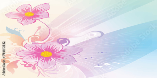 Delicate pink cherry blossoms bloom in soft pastel swirls while gentle butterflies dance through dreamy gradient waves of light blue and pink in ethereal floral fantasy art.