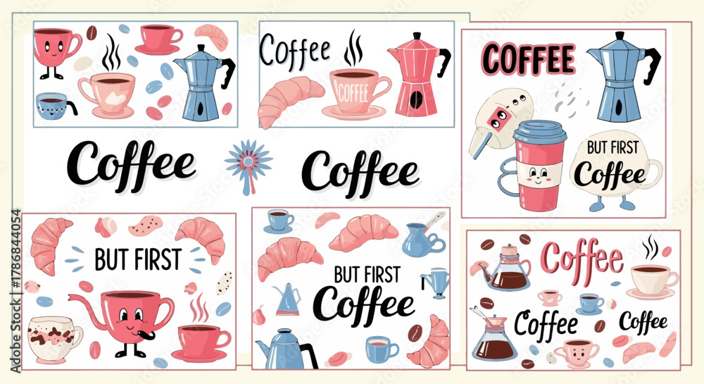 Naklejka premium Coffee-themed graphic elements set for cafe design mugs, beans, croissants, and decorations