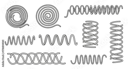 Diverse Illustrations of Springs in Various Shapes and Configurations for Design and Engineering