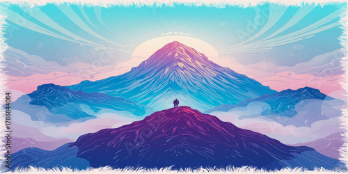 Lone Wanderer Contemplating Majestic Snow-Capped Volcano Mountain at Dreamy Pastel Sunrise Fantasy Landscape