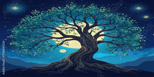 Majestic Tree of Life Under Starry Night Sky Full Moon Glowing Branches Mystical Fantasy Landscape