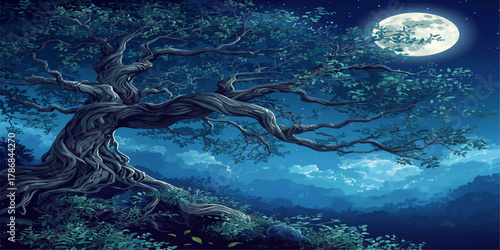 Ancient Mystical Tree Under Full Moon Glowing Blue Fantasy Night Landscape Enchanted Forest Scene