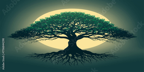 Ancient Mystical Tree Under Full Moon Glowing Blue Fantasy Night Landscape Enchanted Forest Scene