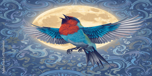 Vibrant Mythical Bird Singing to Golden Full Moon Amid Swirling Cosmic Clouds in Dreamy Turquoise Fantasy Sky