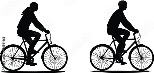 Bicycle rider silhouettes, male and female cyclists, ponytail woman, short hair man, vector illustration set, cycling lifestyle artwork, transportation graphic design elements