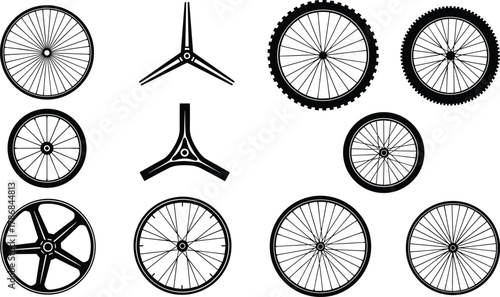 Bicycle wheel silhouettes, diverse spoke patterns, rim and hub designs, mountain bike tires, vector illustration set, cycling graphic elements, transportation artwork collection