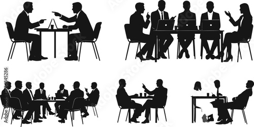 Business meeting silhouettes — corporate discussion, teamwork, negotiation, and brainstorming vector set of professionals working in office and conference settings