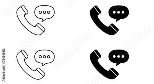 Set of simple vector icons featuring a classic telephone handset with a speech bubble indicating communication or message, in both outline and solid fill styles.