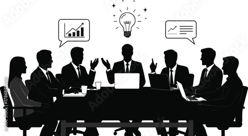 Business meeting silhouettes, team discussion vector, office collaboration concept, brainstorming idea illustration, corporate teamwork presentation, strategy planning, leadership communication design