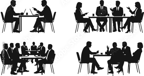 Business meeting silhouettes, office teamwork discussion vector illustration, professionals at table with laptops and coffee, corporate communication and collaboration concept design
