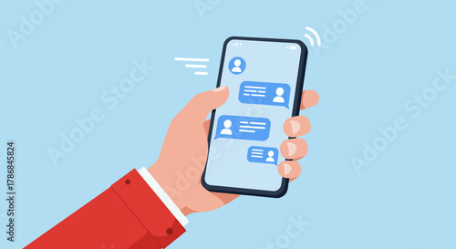 A hand holding a smartphone with messaging app interface, showcasing modern communication and connection through digital technology, rendered as a clean vector illustration.