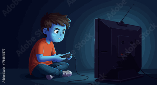 A young boy engrossed in playing video games on a television screen in a dimly lit room, holding a controller.