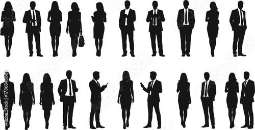 Business people silhouettes, corporate professionals standing, office workers in formal attire, team communication, business meeting concept, teamwork illustration, isolated vector design