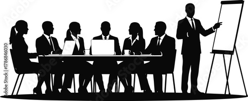 Business presentation meeting silhouettes — corporate team discussing strategy, leadership presentation, teamwork communication and professional training vector illustration