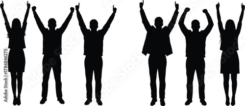 Business team silhouettes, six people with raised arms, celebration and success, corporate unity, professional achievement, teamwork victory, cheering colleagues, vector icons
