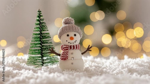  Snowman and Christmas tree in falling snow with lights, festive winter holiday scene