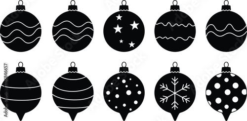 Christmas ornament silhouettes, decorative baubles with stars, snowflakes, dots, wavy and zigzag line patterns, festive vector illustration set, holiday decoration artwork