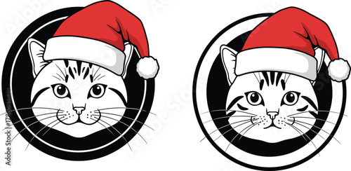 Christmas cat faces, Santa hat kittens, festive feline illustration, cute holiday pets, black and white circle background, winter season vector, playful expressions, minimalist design