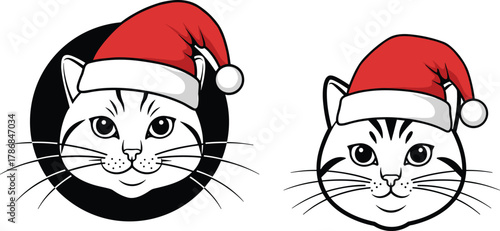 Cute cat with Santa hat vector, Christmas kitten illustration, festive holiday pet design, adorable cat face art, winter cartoon animal icon