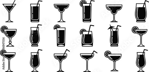 Cocktail glass silhouette set, tropical drinks vector illustration, martini margarita mojito and juice icons, bar beverage design collection for summer party themes