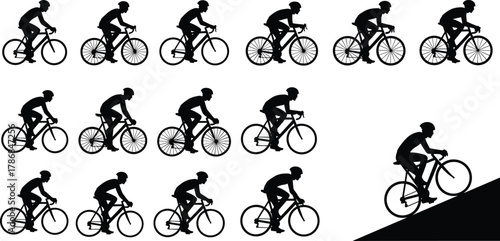 Cyclist silhouette sequence, bicycle rider pedaling motion icons, uphill climb illustration, dynamic cycling vector set, sport lifestyle artwork, transportation graphic design elements