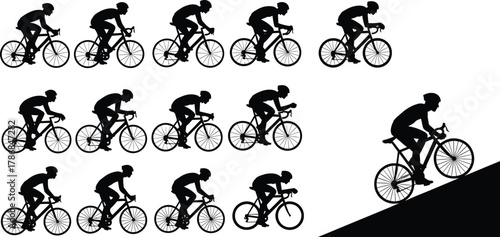 Cyclist silhouette sequence, bicycle rider pedaling motion progression icons, uphill climb illustration, dynamic cycling vector set, sport lifestyle artwork, transportation graphic design elements