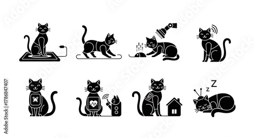 Playful cats interact with technology, showcasing modern pet care, smart devices, and futuristic feline companionship in fun, dynamic scenes.