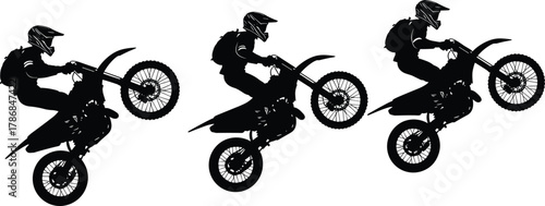 Dirt bike rider silhouettes, motocross stunt jumps, wheelie action sequence, extreme sport vector illustration, biker lifestyle artwork, motorcycle graphic design elements, adventure icons