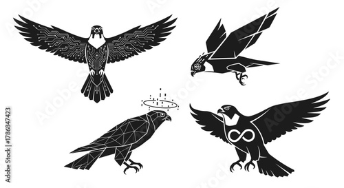 Dynamic falcon designs featuring modern tech, geometric art, and symbolic motifs for powerful branding and creative projects.