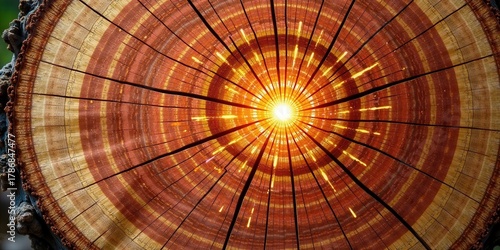A radiant burst of light emerges from the center of a tree's cross-section, illuminating the intricate rings and textures of the wood