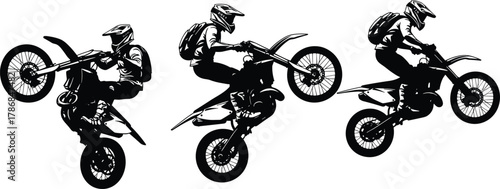 Dirt bike stunt silhouettes, motocross rider jumps, wheelie action sequence, extreme sport vector illustration set, biker lifestyle artwork, motorcycle graphic design elements