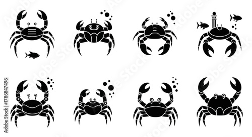 Charming collection of stylized black crab icons, featuring marine life and ocean elements, perfect for creative projects