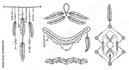 Captivating bohemian feather and bead adornments evoke a spiritual, natural aesthetic perfect for tribal or ethnic designs.