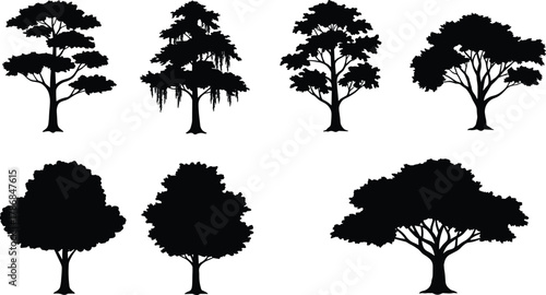 Eight tree silhouettes set, diverse botanical shapes, black vector collection, landscape design elements, foliage and canopy variations, arbor art, minimalist nature graphic pack, illustration
