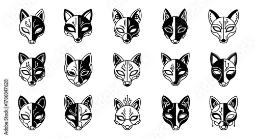 Striking collection of stylized fox masks blending traditional aesthetics with futuristic digital circuit patterns for unique branding and design projects.