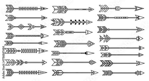 Tribal arrow collection with intricate geometric patterns and decorative elements for modern design projects