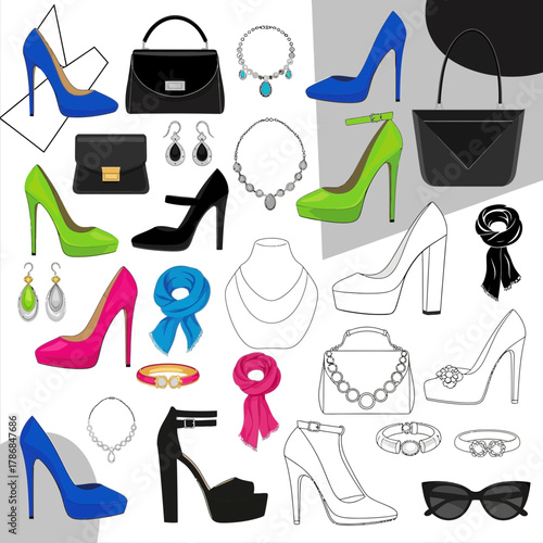 Elegant collection of designer shoes handbags jewelry and accessories perfect for fashion showcases and retail displays