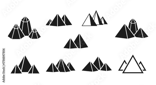 Diverse geometric pyramid and crystal formations symbolizing achievement, growth, and ancient wisdom for modern design projects.