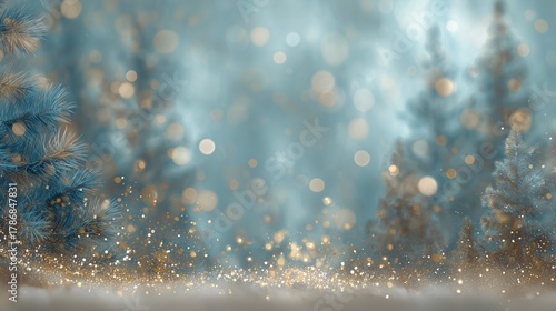 A magical winter forest with glowing golden snowflakes, perfect for branding and marketing campaigns during the holiday season.