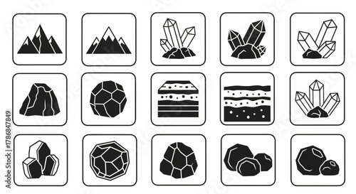 Discover stunning geological icons showcasing mountains, crystals, and rock formations for earth science and nature projects.