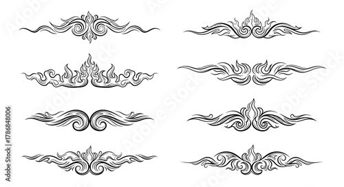 Elegant ornate decorative dividers with fiery swirls and flowing lines for sophisticated design projects and premium branding applications